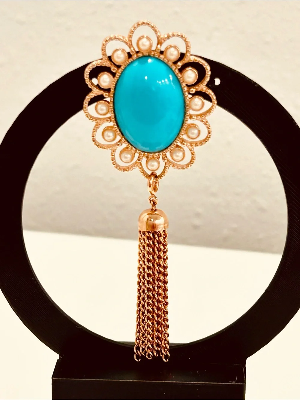 Vintage Sarah Faux Turquoise And Faux Pearl Brooch Oval Gold Tone Tassel Signed